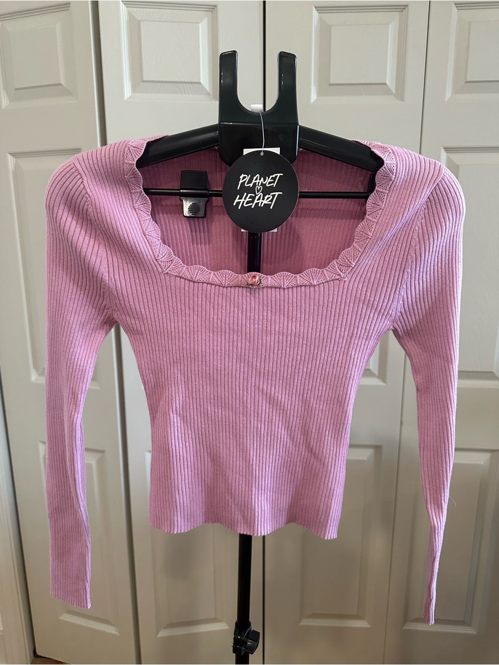 Women's Long-Sleeve Ribbed Square Neck Top in Light Pink